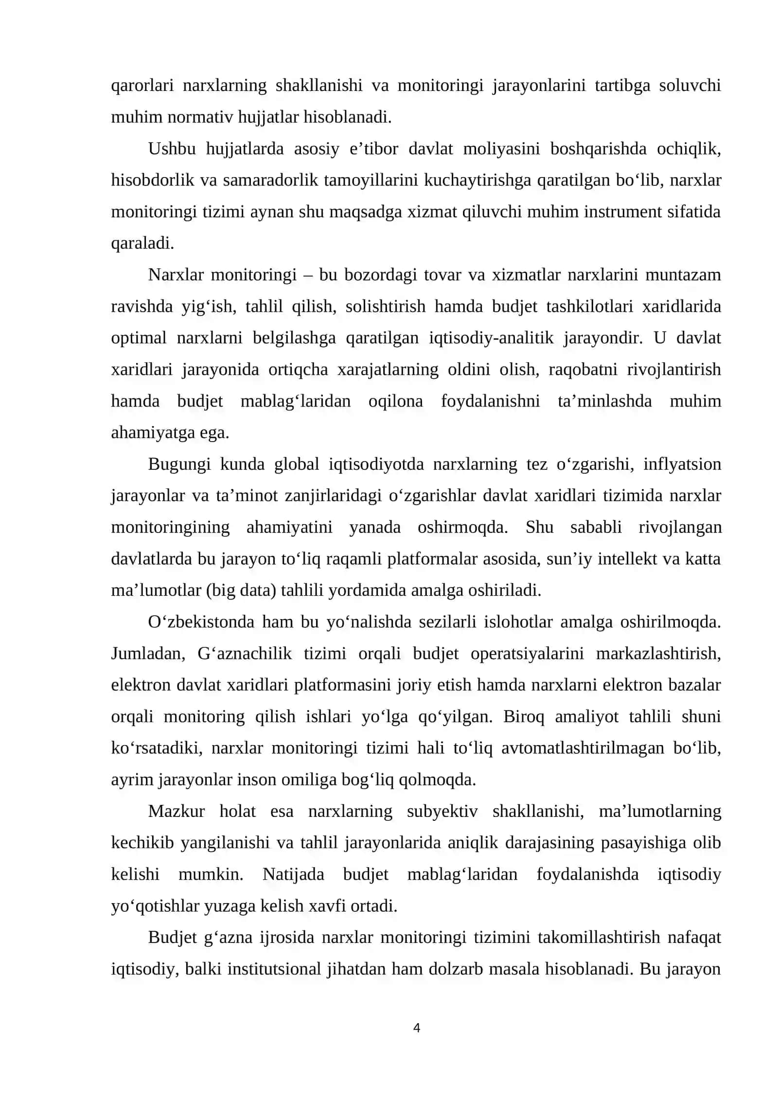 BUDJET G'AZNA IJROSIDA NARXLAR MONITORINGI OLIB BORILISHINI TAKOMILLASHTIRISH 4