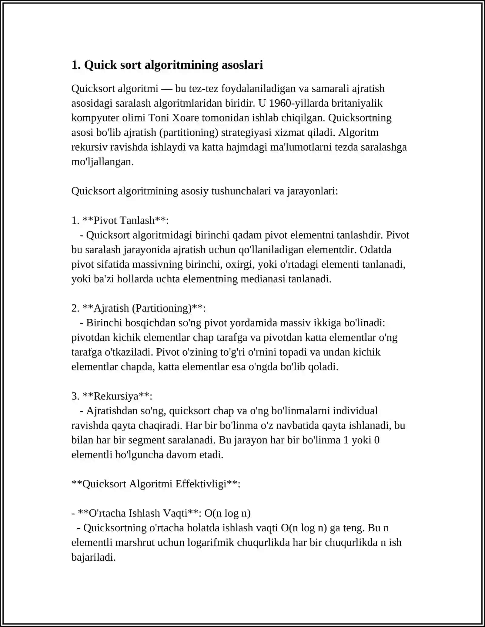QUICK SORT ALGORITMI: OʻZGARUVCHAN TEZLIKDAN TARTIBLASH YONDASHUVLAR 4