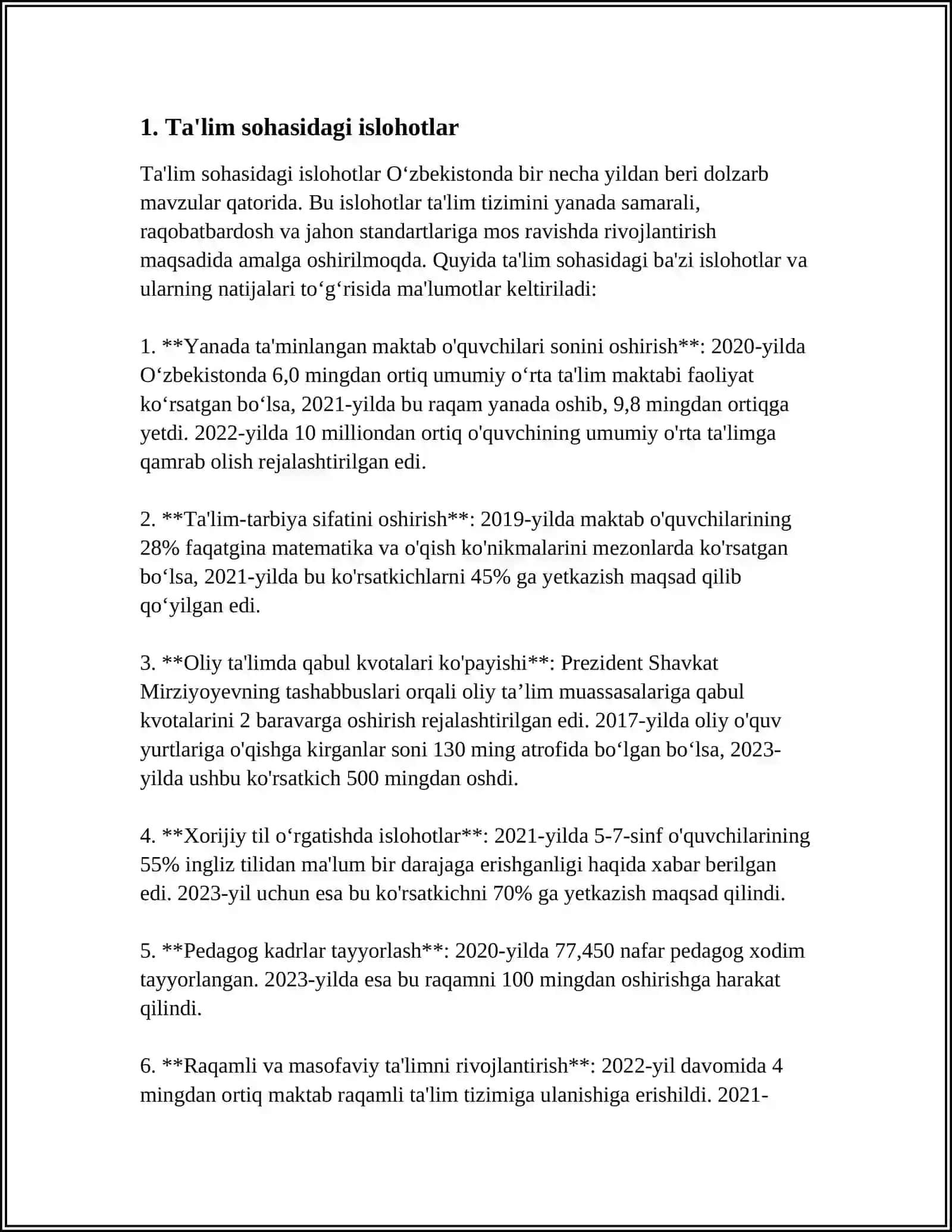 YANGI O'ZBEKISTONDA PREZIDENT SH.M.MIRZIYOYEV RAHBARLIGI VA TASHABBUSI OSTIDA AMALGA OSHIRILAYOTGAN ISLOHOTLAR 4
