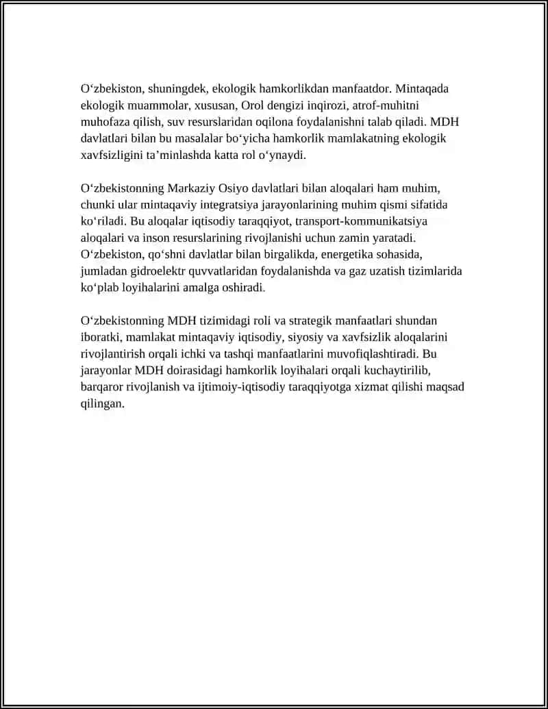 O‘zbekistonning MDH Dag‘i O‘rni va Markaziy Osiyo Davlatlari bilan O‘zar Hamkorligi 4