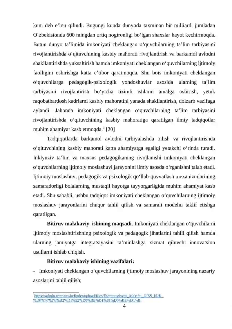 IMKONIYATI CHEKLANGAN O‘QUVCHILARNI IJTIMOIY MOSLASHTIRISHNING PEDAGOGIK-PSIXOLOGIK JIHATLARI 4