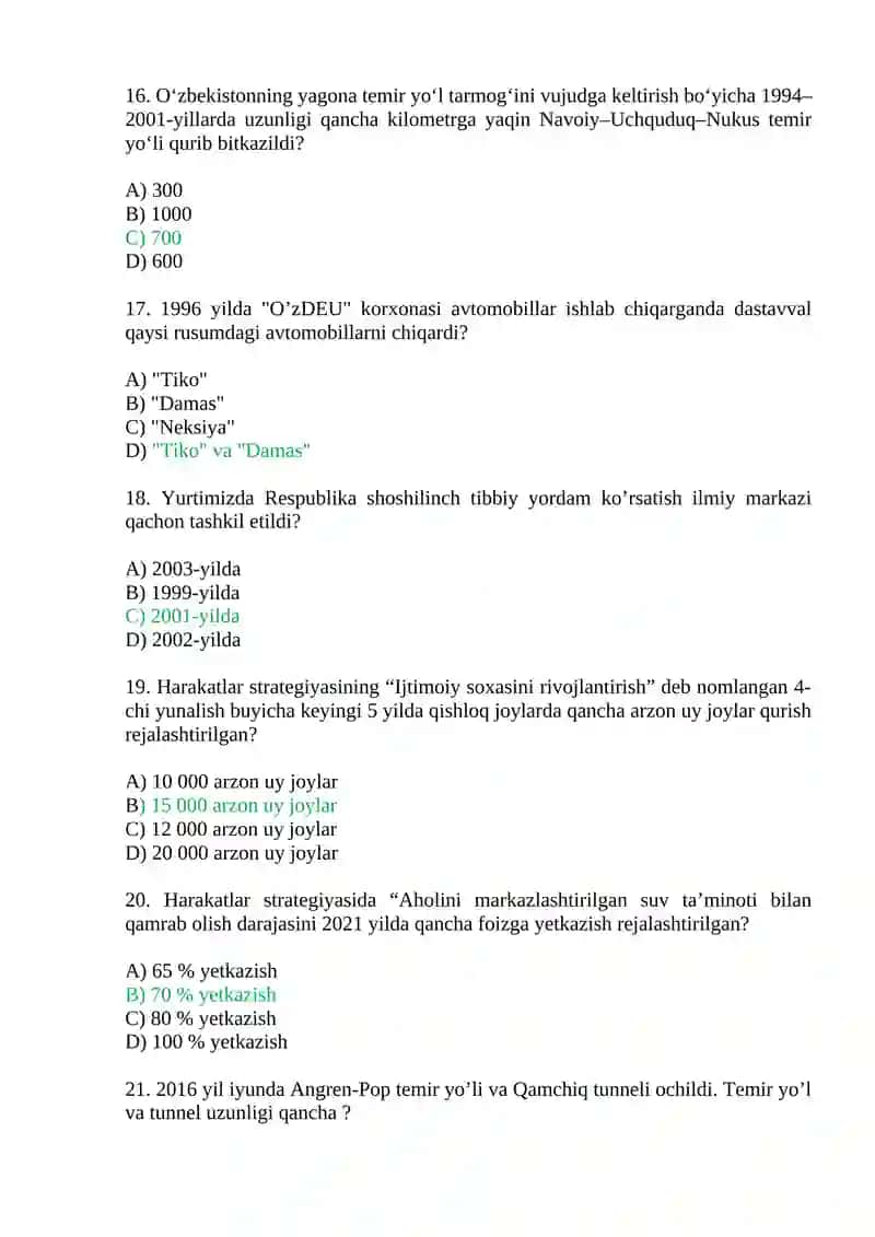 Mustaqillik yillarida O‘zbekistondagi ijtimoiy-iqtisodiy o‘zgarishlar. Test savollari. 4