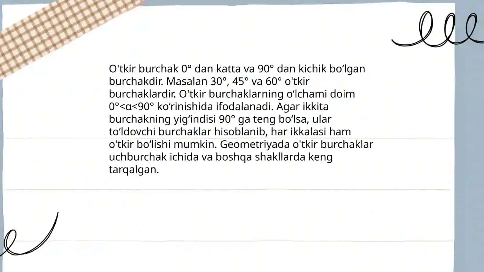 Burchak turlari. Yoyiq burchak.Burchak gradusi 4