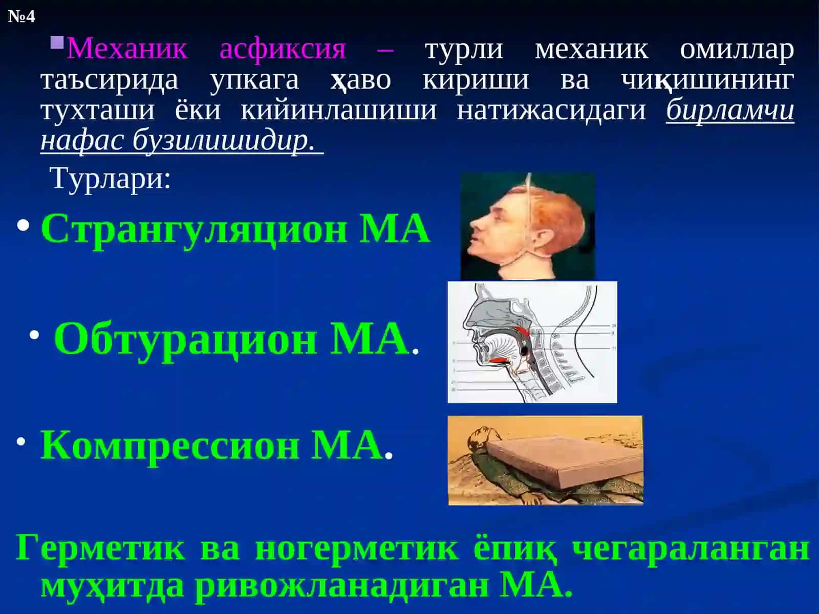 ОРГАНИЗМДА ГАЗ АЛМАШИНУВИНИНГ БУЗИЛИШИБИЛАН БОҒЛИҚПАТОЛОГИК ХОЛАТЛАР- ГИПОКСИЯ ВА АСФИКСИЯ 4