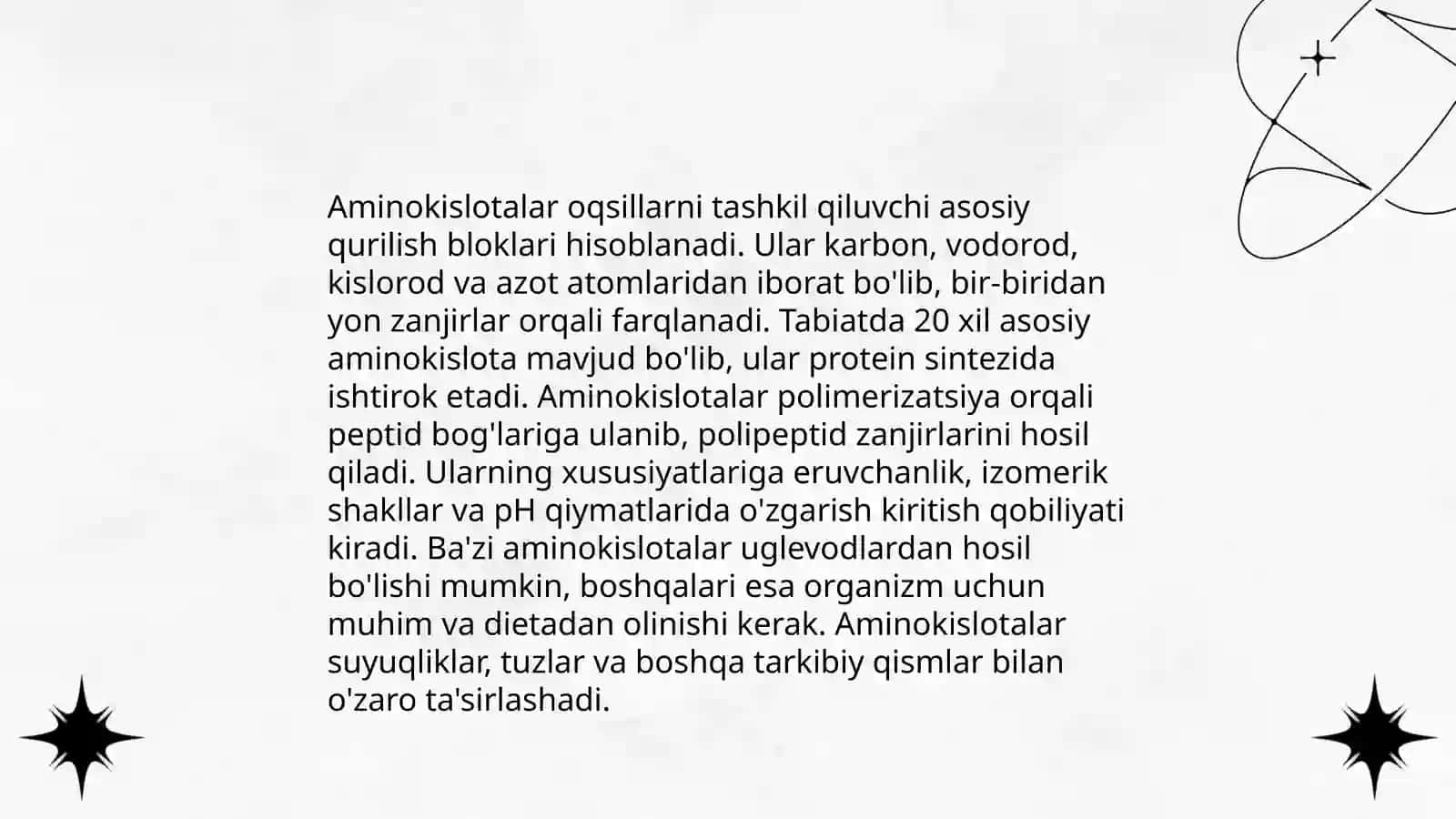 Aminokislotalar. Tuzilishi, xossalari va biologik vazifalari 4