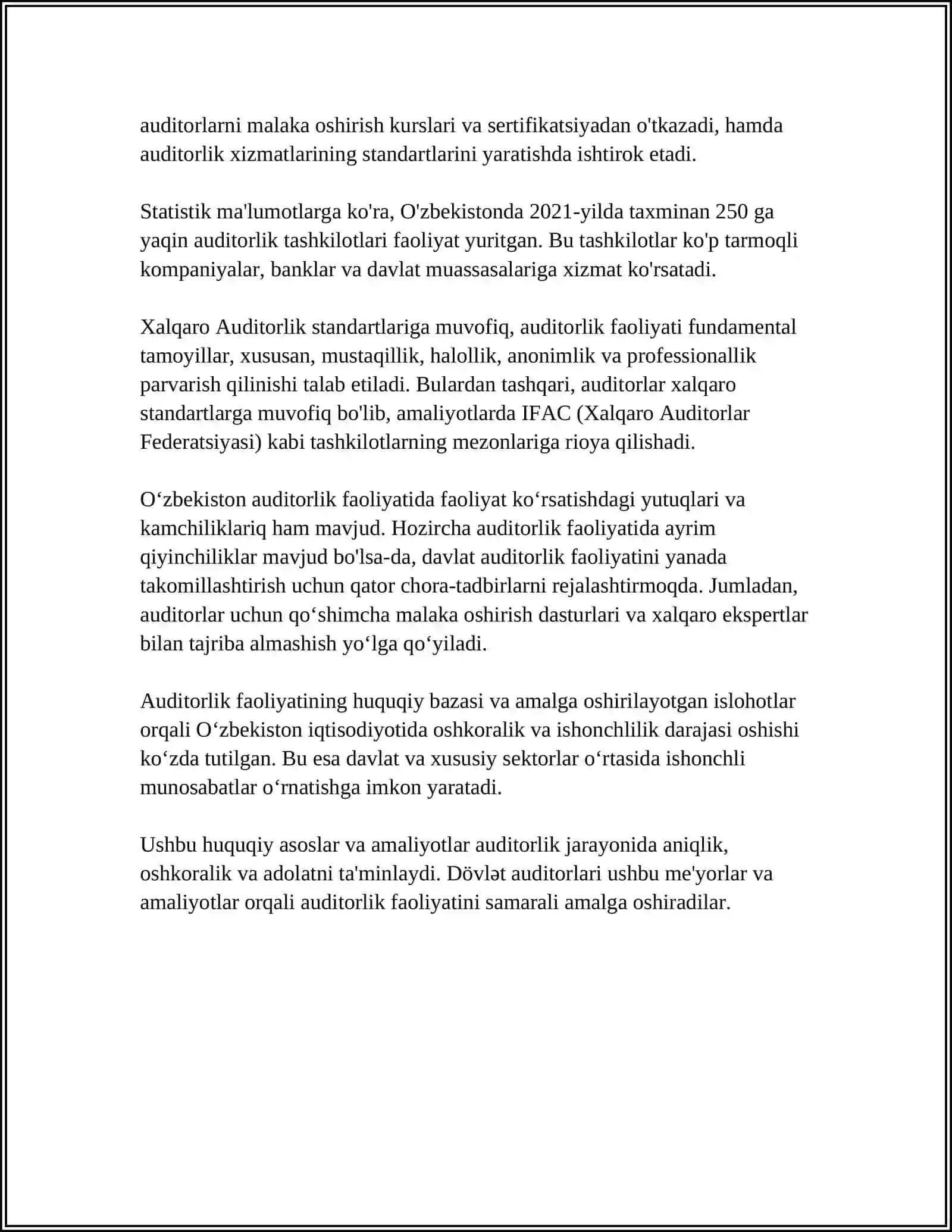 MUSTAQIL ISH Mavzu: AUDITORLIK TANLASH VA UNI QÒLLASH TARTIBI 4