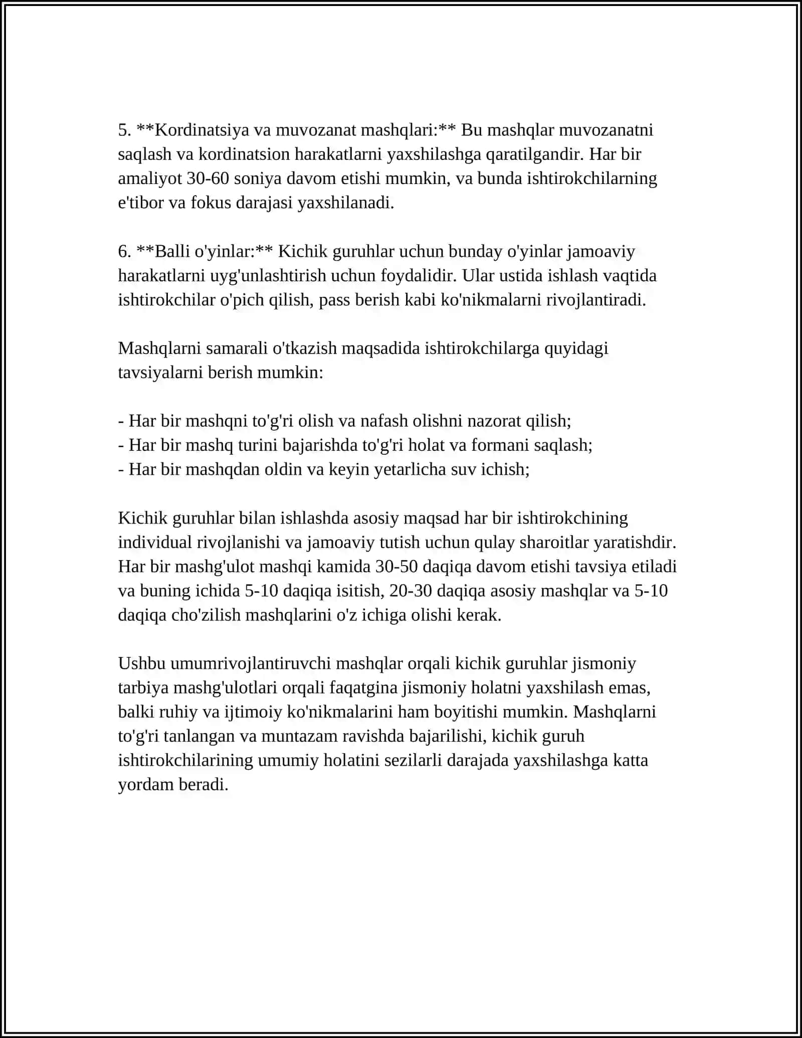 MUSTAQIL ISH Mavzu: KICHIK VA OʻRTA GURUHLARDA UMUMRIVOJLANTIRUVCHI MASHQLARNI TANLASH VA KOMPLEKS ISHLANMASINI TUZISH 4
