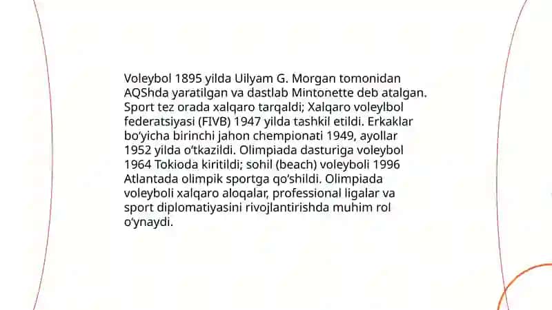 Voleybolning rivojlanish tarixi, õyin texnikasi, taktikasi va qoidalari 4
