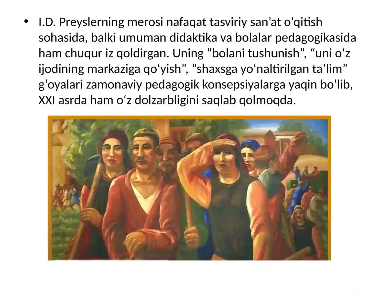 Preysler I.D , A.G Sopojnikov, G.A Gipiuslarning tasviriy sanʼat oʻqitish metodlarining rivojlanishdagi oʻrni. 4