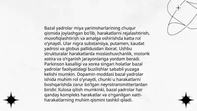 Bazal yadrolar, bosh miya katta yarim sharlari va miyacha fiziologiyasi 4