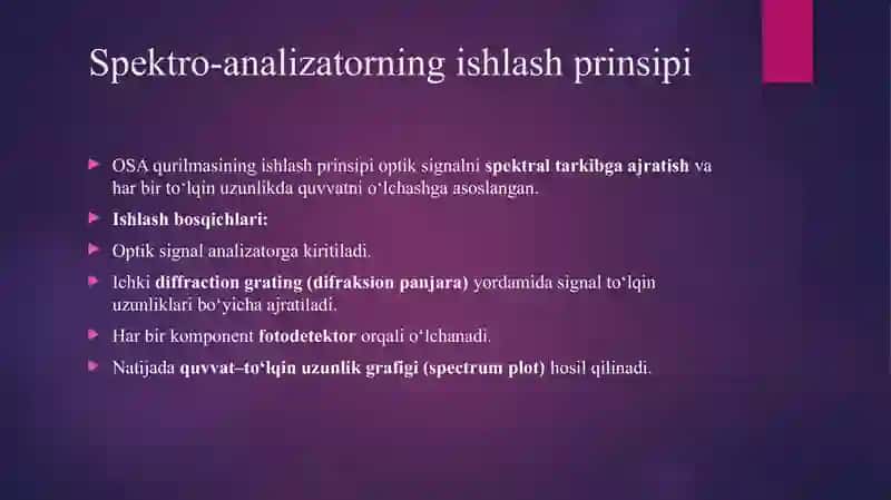 Optik uzatish liniyalarini oʻlchashda qoʻllaniladigan spektro-analizatorlar va ularda oʻlchash usullari 4