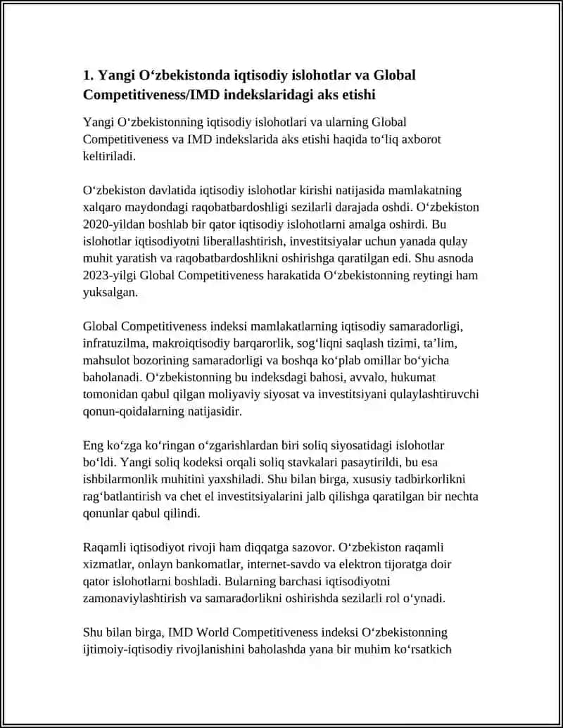 YANGI ÓZBEKISTON IJTIMOIY SIYOSIY, IQTISODIY VA MADANIY HAYOTIDA RÓY BERAYOTGAN, ÓZGARISHLARNING XALQARO REYTING VA INDEKSLARDA AKS ETISHI 4