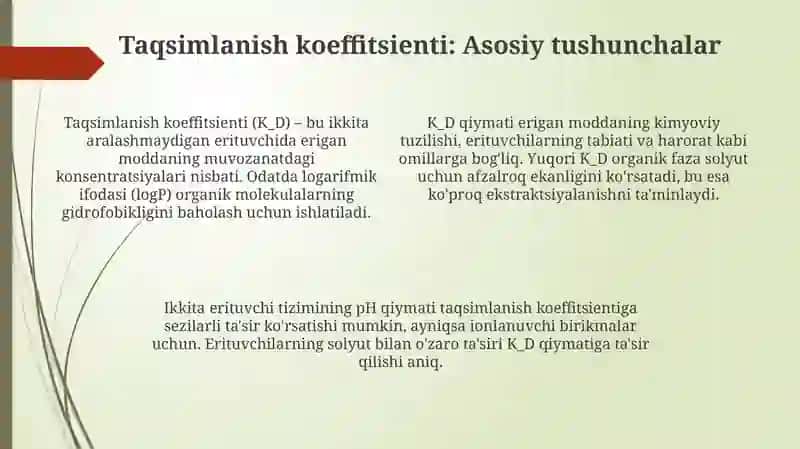 Ekstraksiya konstantasi, taqsimlanish konstantasi va ularga ta'sir etuvchi omillar 4