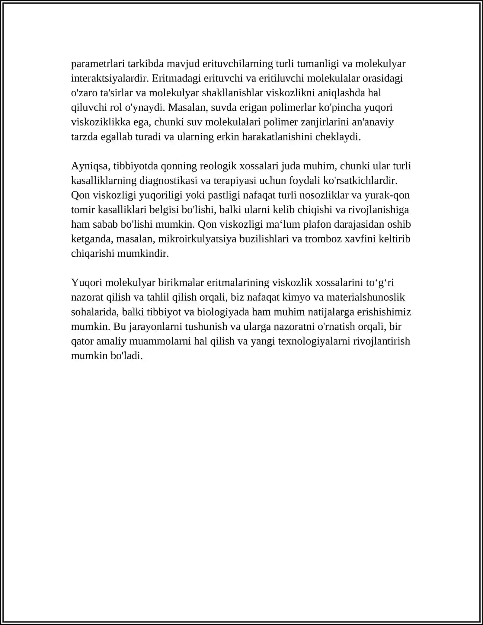 YUQORI MOLEKUYAR BIRIKMALAR ERITMALARNING XOSSALARI. QONNING REALAGIK XOSSALARI 4