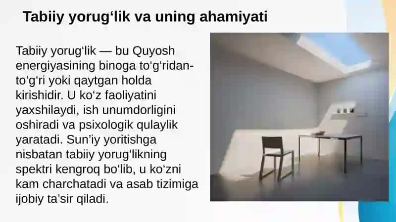 Xonalarning insolyatsiyasi haqida tushuncha, uning ahamiyati. Xonalarning tabiiy yorug'ligini belgilovchi omillar 4