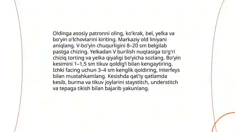 Ayollarni kiyimlarini boʻyin o'yindilariga ishlov berish namunalari tayyorlash 4