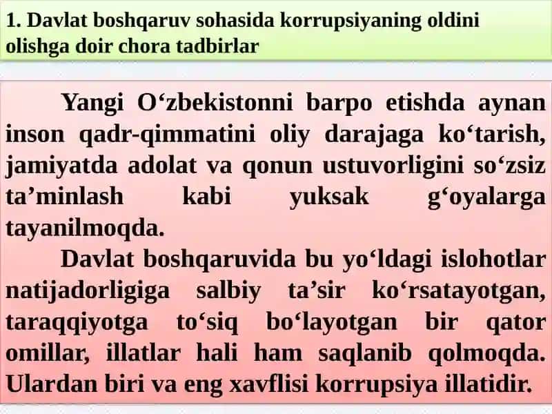 DAVALAT BOSHQARUVI VA XUSUSIY SEKTORDA KORRUPSIYA XAVF-HATARLARINI OLDINI OLISH 4