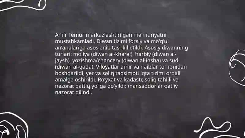 Amir-Temurning davlat boshqaruvi va siyosiy strategiyasi 4