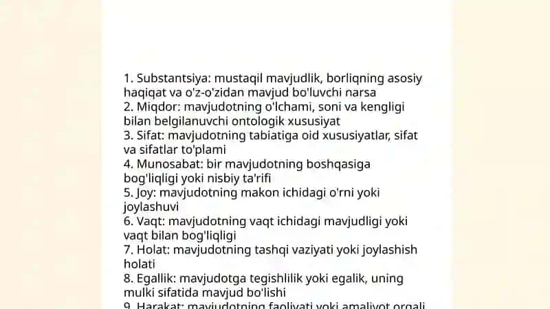 Aristotel, Farobiy vaKant ontologiyasida ketegoriyalarning tasnifi 4