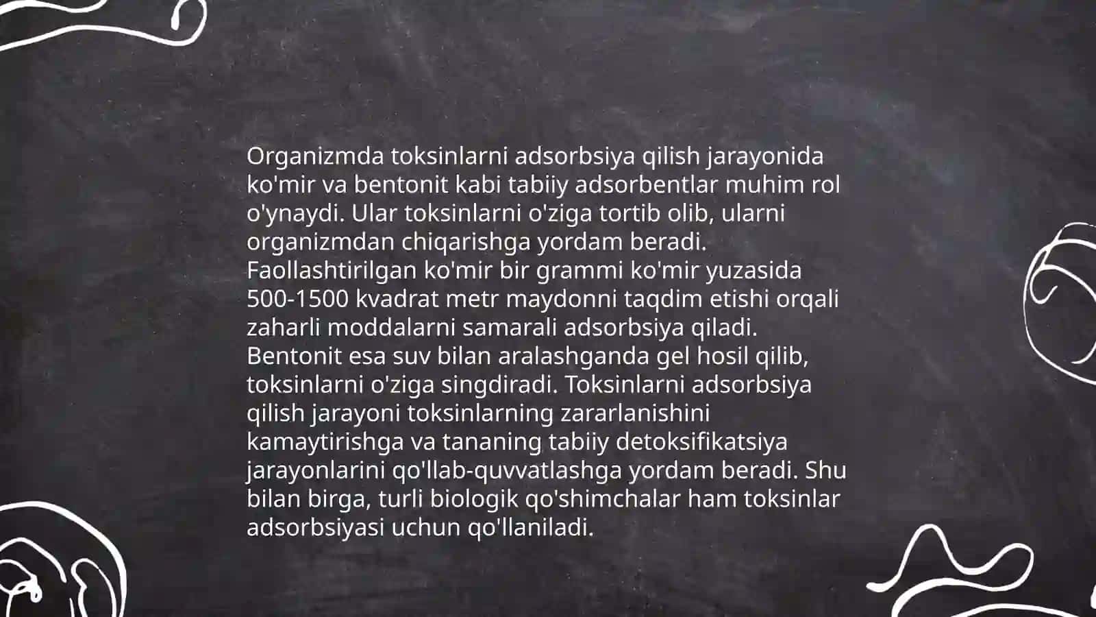 Organizmni hayot faoliyatida va davolash usullaridan adsorbsiya jarayonining ahamiyati 4
