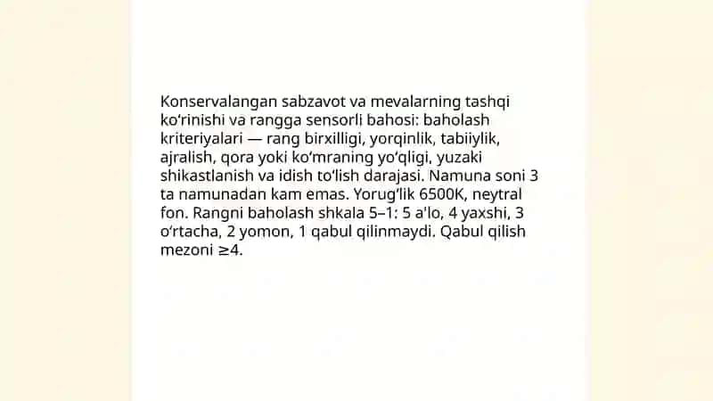 Fizik usulda konservalangan qishloq xoʻjaligi mahsulotlariga sensorli baho berish 4