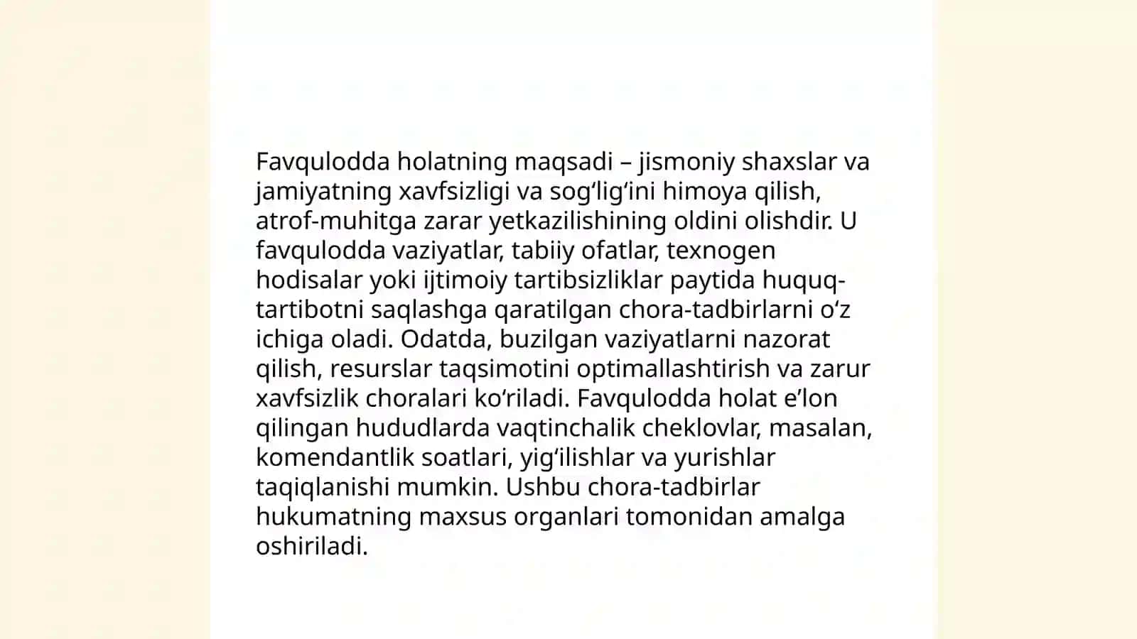 Oʻzbekiston Respublikasining “Favqulodda holat toʻgʻrisida”gi Konstitutsiyaviy qonuni mazmuni va mohiyati 4
