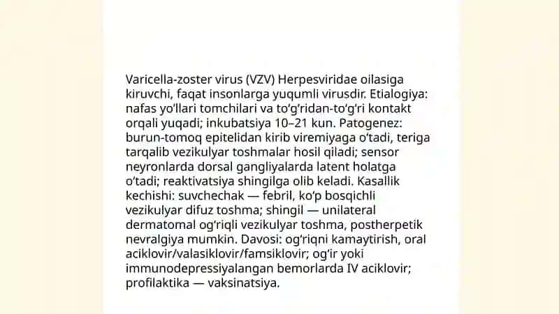 Terida virusli kasalliklarida, soʻgal, etialogiyasi,patagenezi, kasallik kechishi, davosi 4