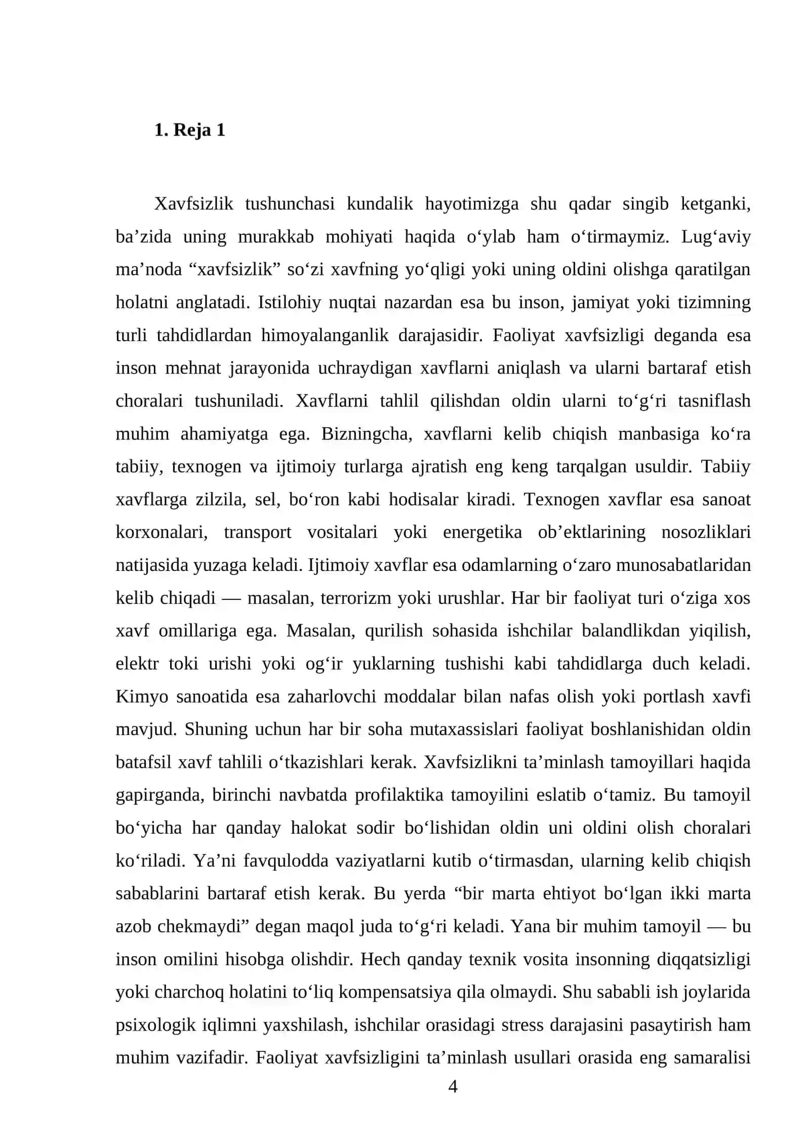 Xavfsizlikni ta’minlash asoslari va faoliyat xavfsizligini tahlil qilish. Xavflar, ularning tasnifi. Faoliyat xavfsizligini ta’minlash tamoyillari, uslublari 4