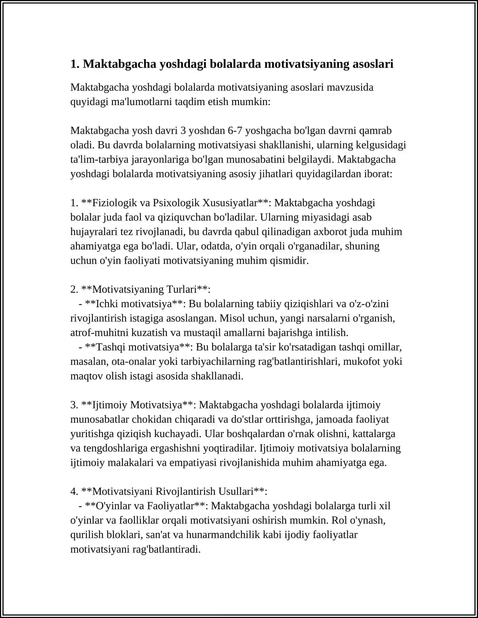 MAKTABGACHA YOSHDAGI BOLADA XULQ MOTIVLARINING RIVOJLANISHI VA O'ZIGA BAHO BERISHI SHAKLLANISHI REFERAT 4