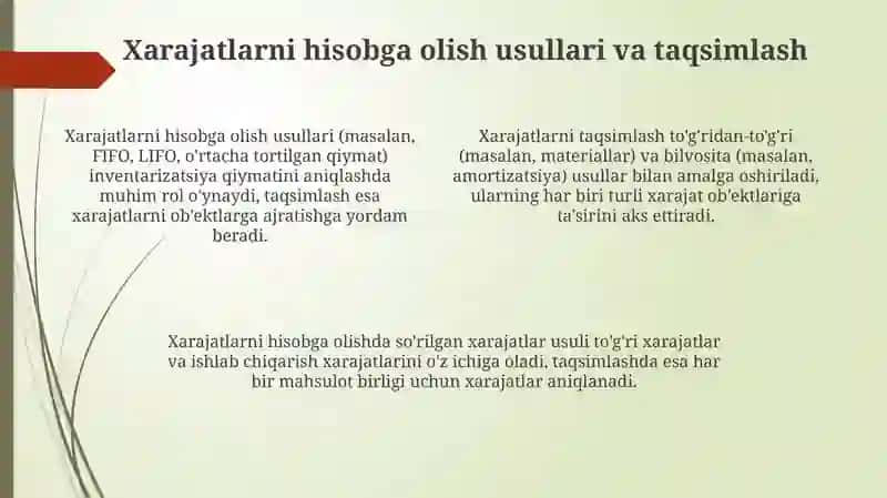 Xarajatlarni guruxlanishi va ularni hisobga olishning vazifalari 4