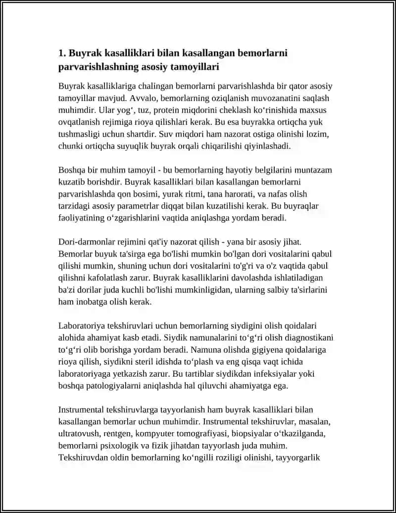 BUYRAK VA SIYDIK AJRATUY YO'LLARI KASALLIKLARI BILAN KASALLANGAN BEMORLARNI PARVARISHI VA ULARNING NAZORATI 4