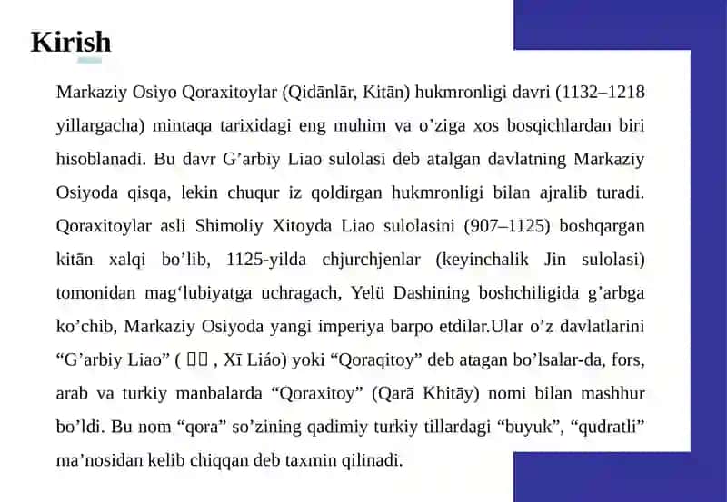 Markaziy Osiyo Qoraxitoylar(Kidan) hukmronligi davrida 4