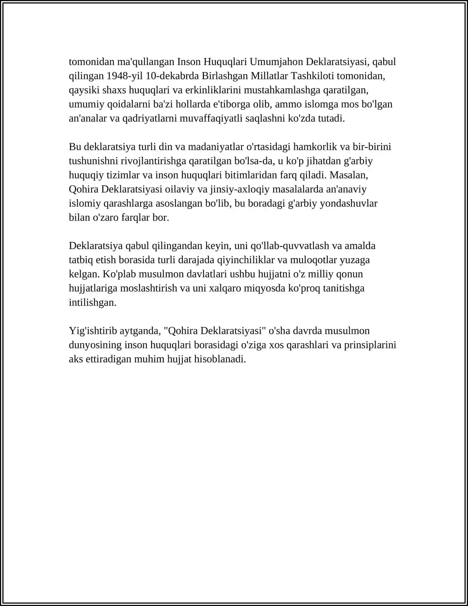 QOHIRA DEJLARATSIYASI TARIXI VA MAZMUNI BORASIDA TAXLIIY MAQOLA TAYYORLASH 4
