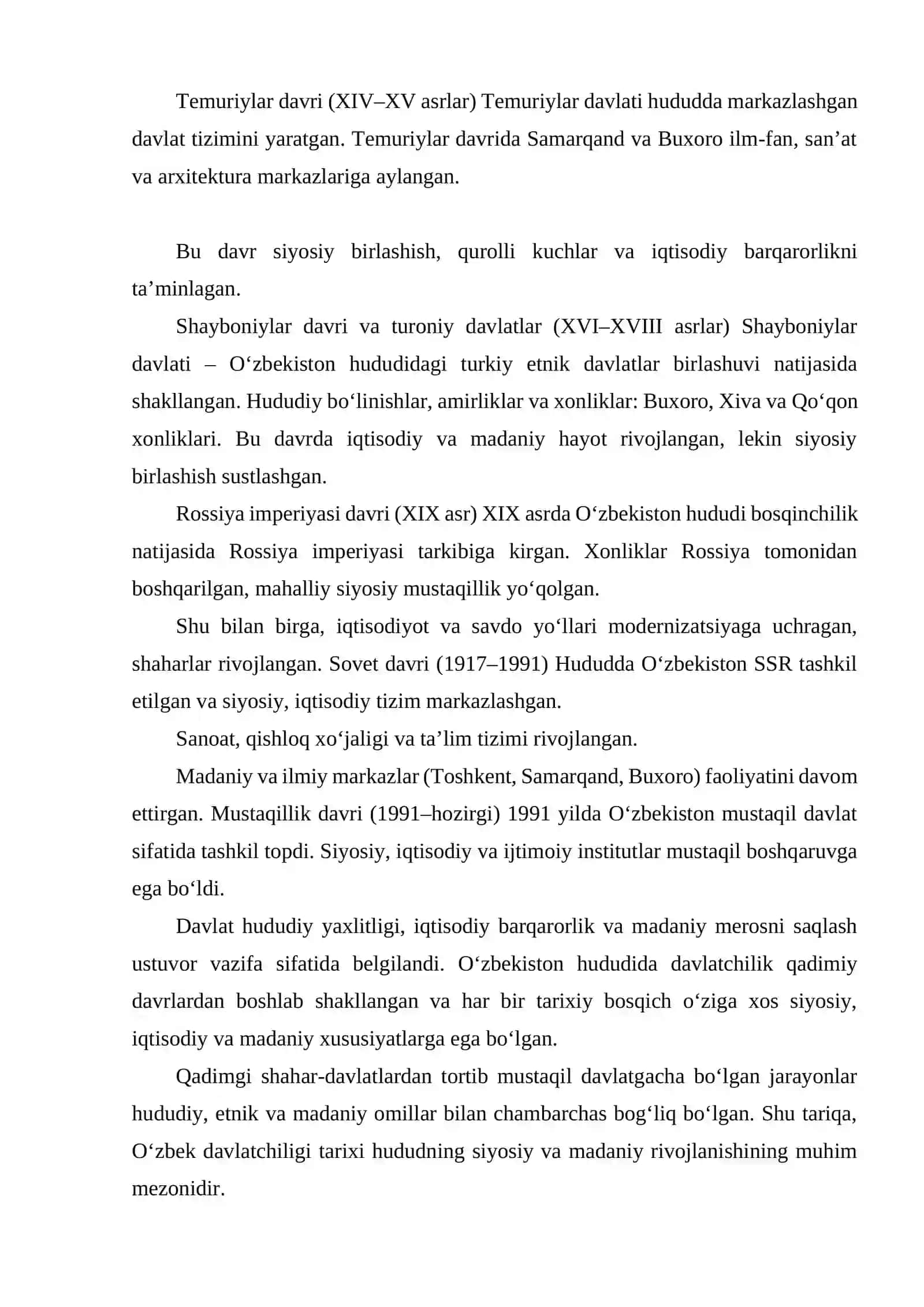 O‘ZBEK DAVLATCHILIGINING TARIXIY BOSQICHLARI (O'ZBEKISTON HUDUDIDAGI DAVLATLAR TARIXI MISOLIDA) 4