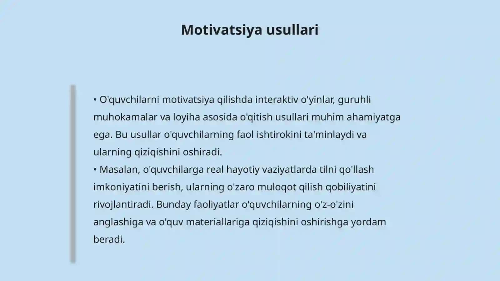 O'quvchilarni o'quv materiallarining asosiy goyasini o'rganishga qiziqishida CLIL texnalogiyasidan foydalanish 4