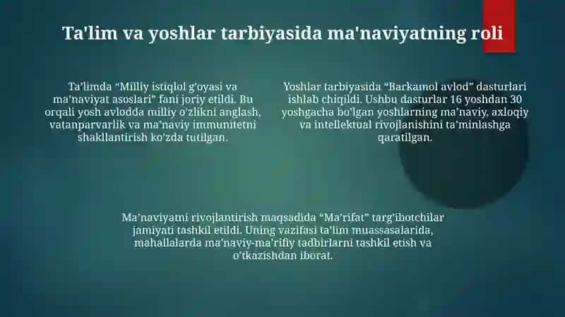 Mustaqillik yillarida O‘zbekistondagi ma’naviy va madaniy taraqqiyot 4