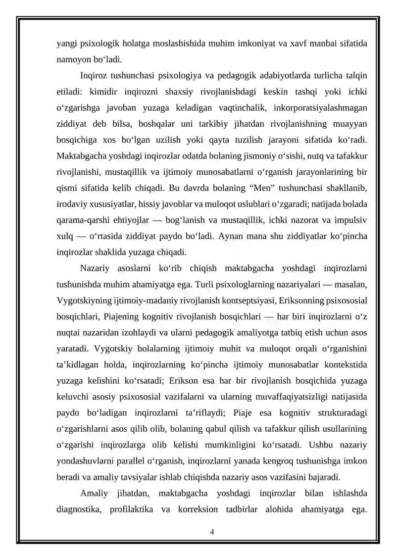 Maktabgacha yoshdagi inqirozlar. Ularning nazariy asoslari, namoyon bo‘lishi va yengish strategiyalari 4