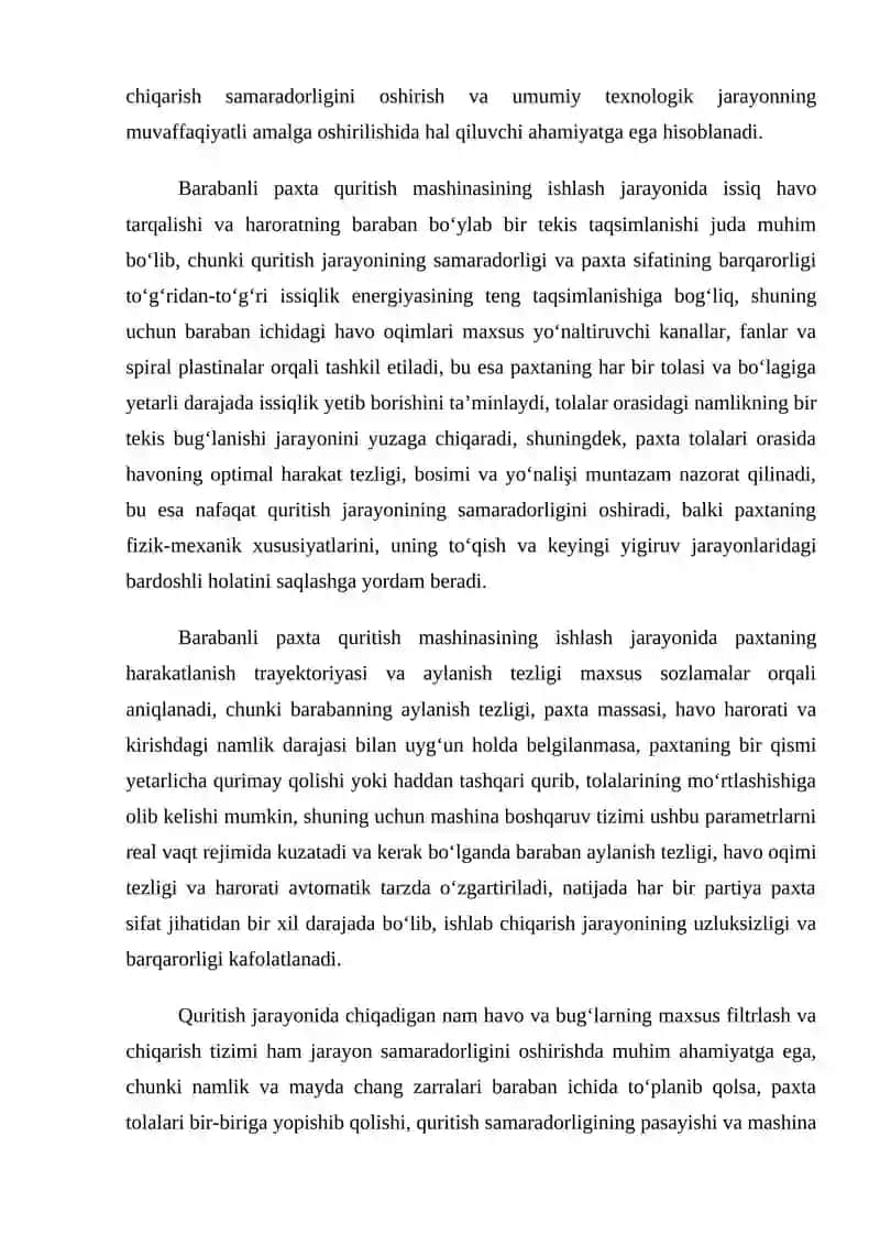 Barobanli paxta quritishmashinasi haroratini avtomatik boshqarish 4