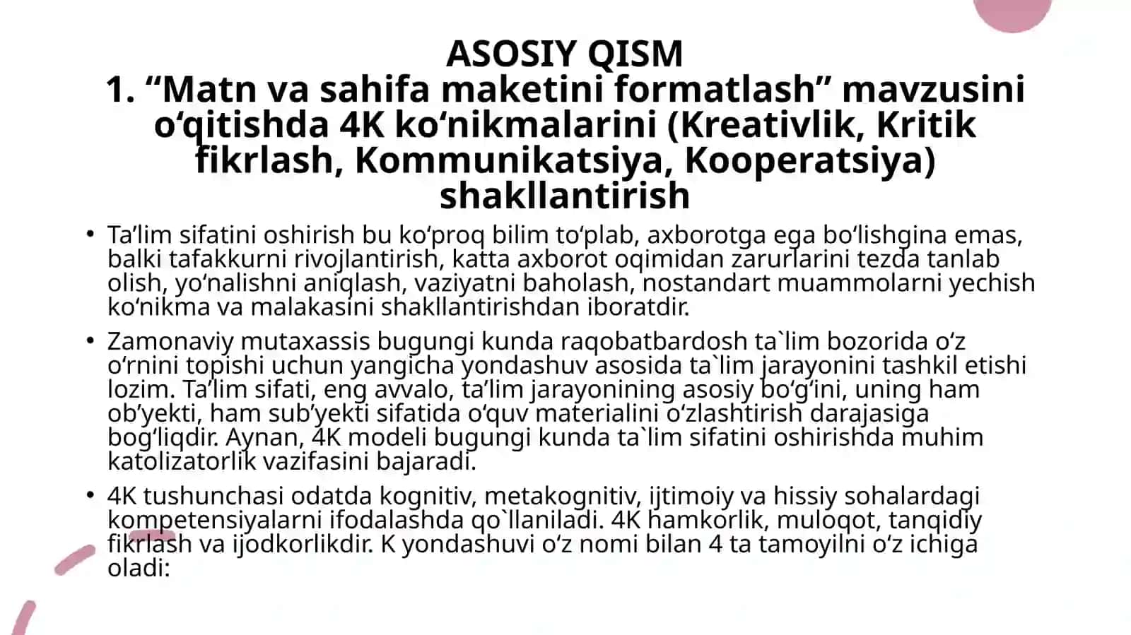 "Matn va sahifa maketini formatlash" mavzusidagi MIKRODARS ISHLANMASI 4