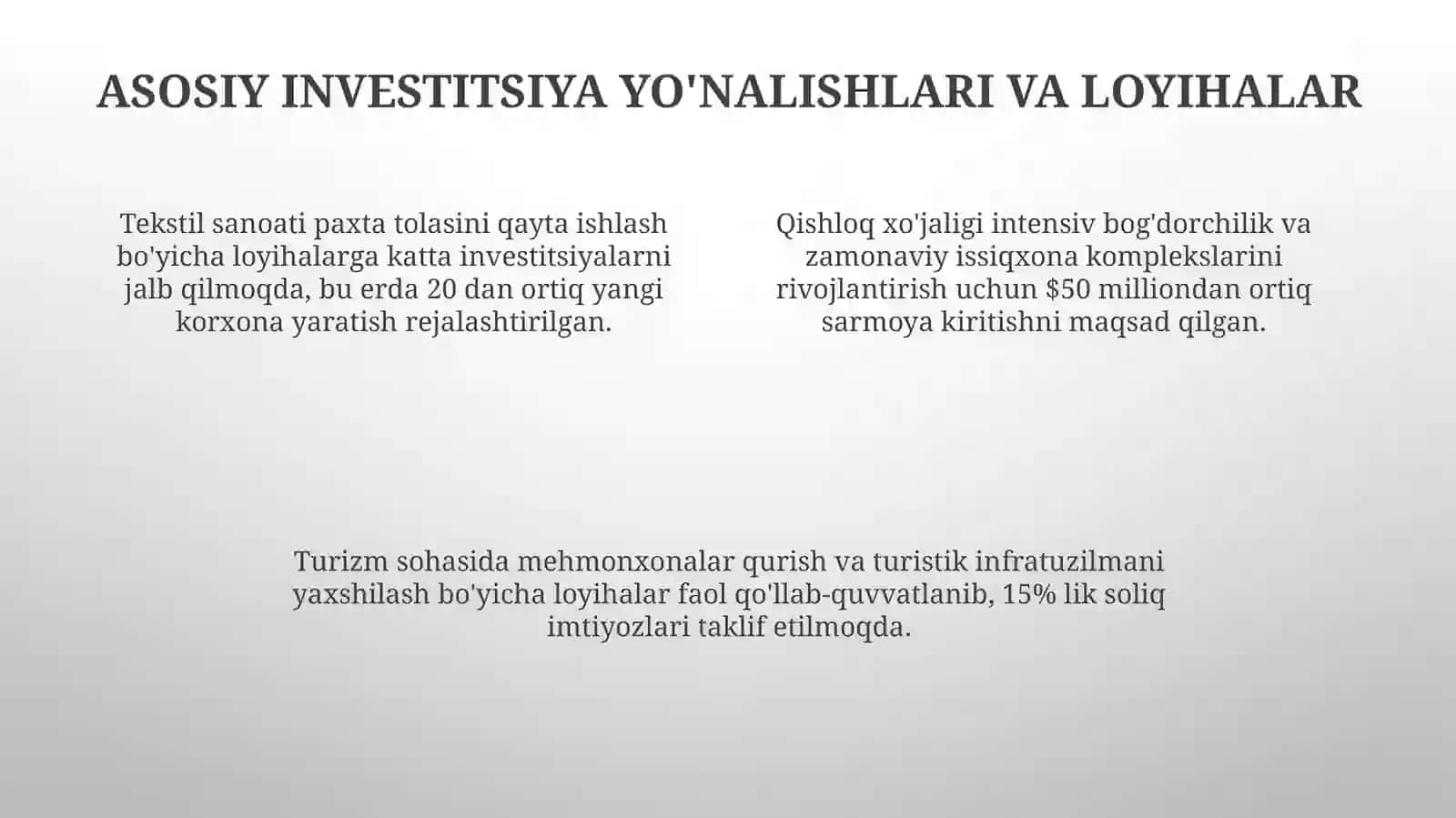 Oʻzbekiston tumaniga jalb etilgan investitsiyalar 4
