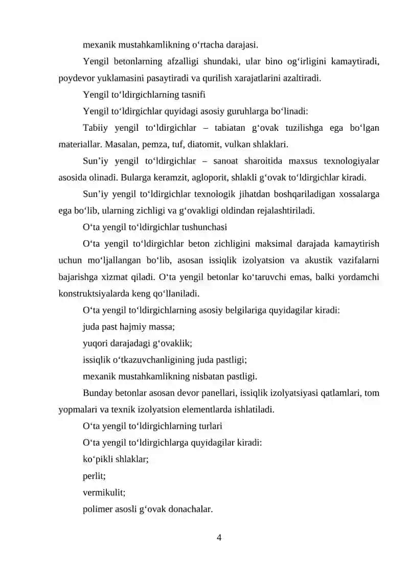 BETON UCHUN OG‘IR, YENGIL VA O‘TA YENGIL TO‘LDIRGICHLARNI IKKILAMCHI RESURSLARDAN OLISH 4