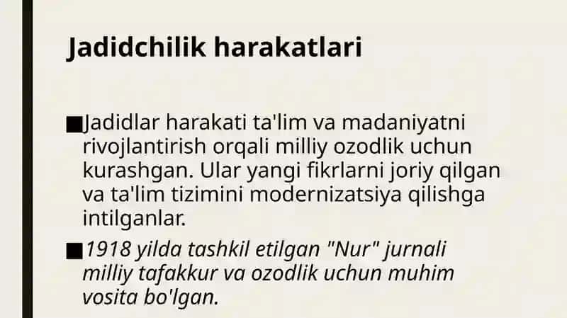 Milliy davlatchlikni barpo etishdagi harakatlar: Jadidchilik. Mustabid tuzum davrida O‘zbekistondagi qatag‘onlik davrining asosiy bosqichlari 80-90 yillarda O‘zbekistonning ijtimoiy-iqtisodiy va siyosiy ahvoli 4