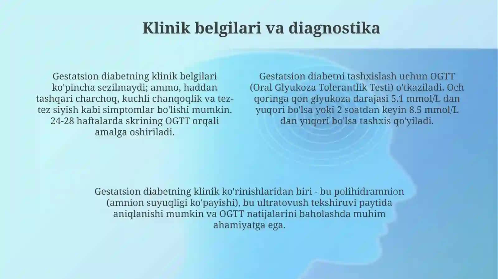 Gestatsion diabet: Ta'rifi, klinik belgilari va diagnostika 4