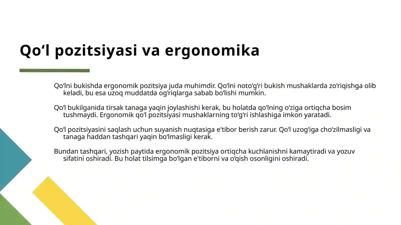 YOTGAN HOLATDA QO’LNI BUKISH VA YOZISH OYOQLAR 40-50 SM BALANDLIKDA 4