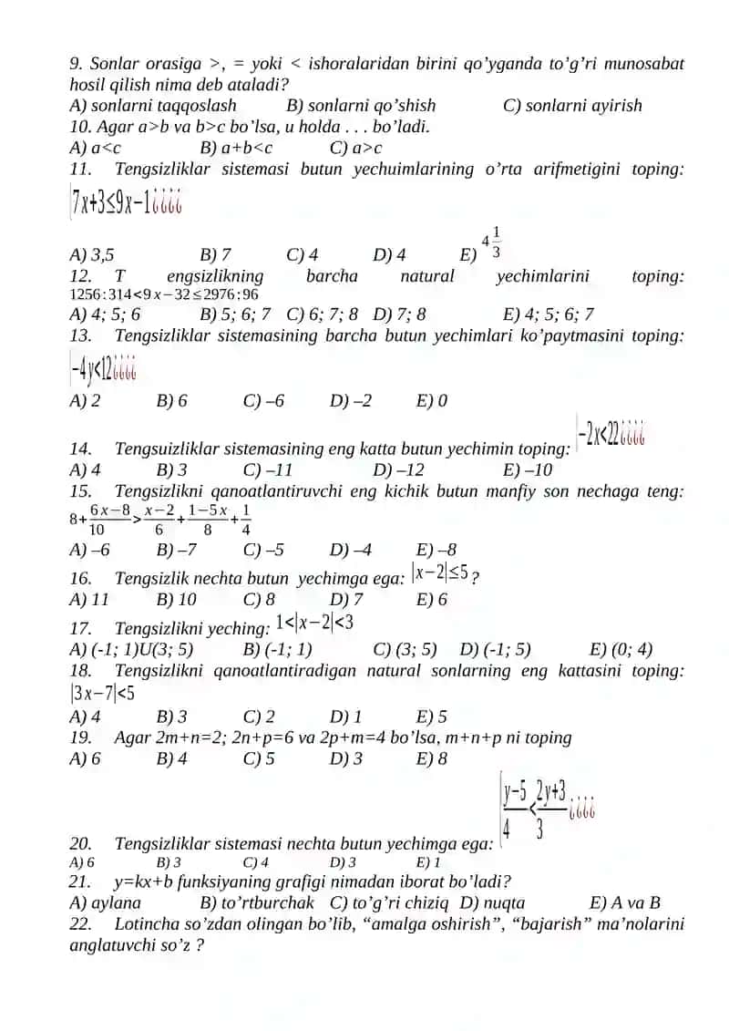 8-sinflar uchun algebra va geometriya fanlaridan test savollari I chorak 4