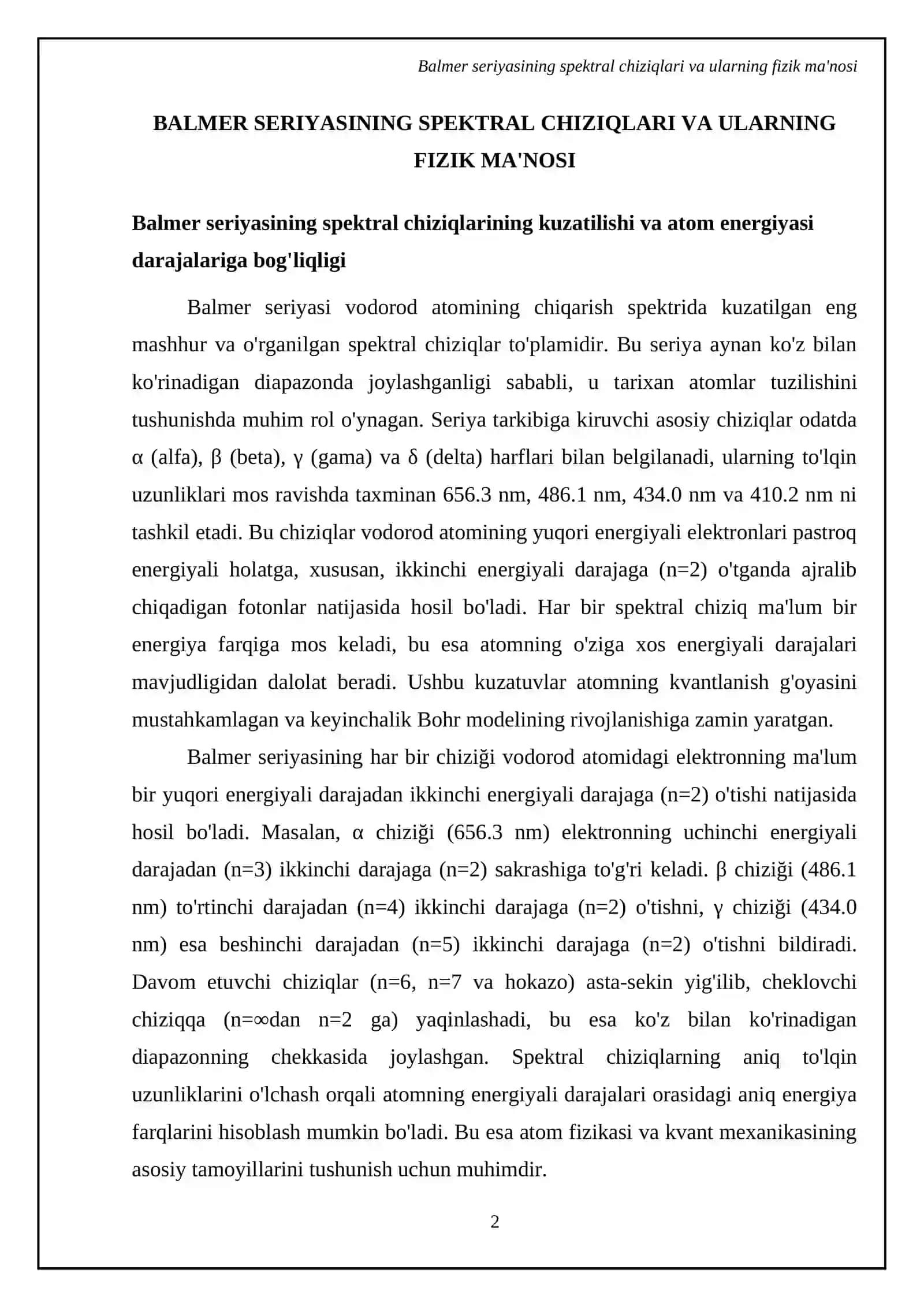 Balmer seryasi va Ridberg doimiysini aniqlashni urganish 4