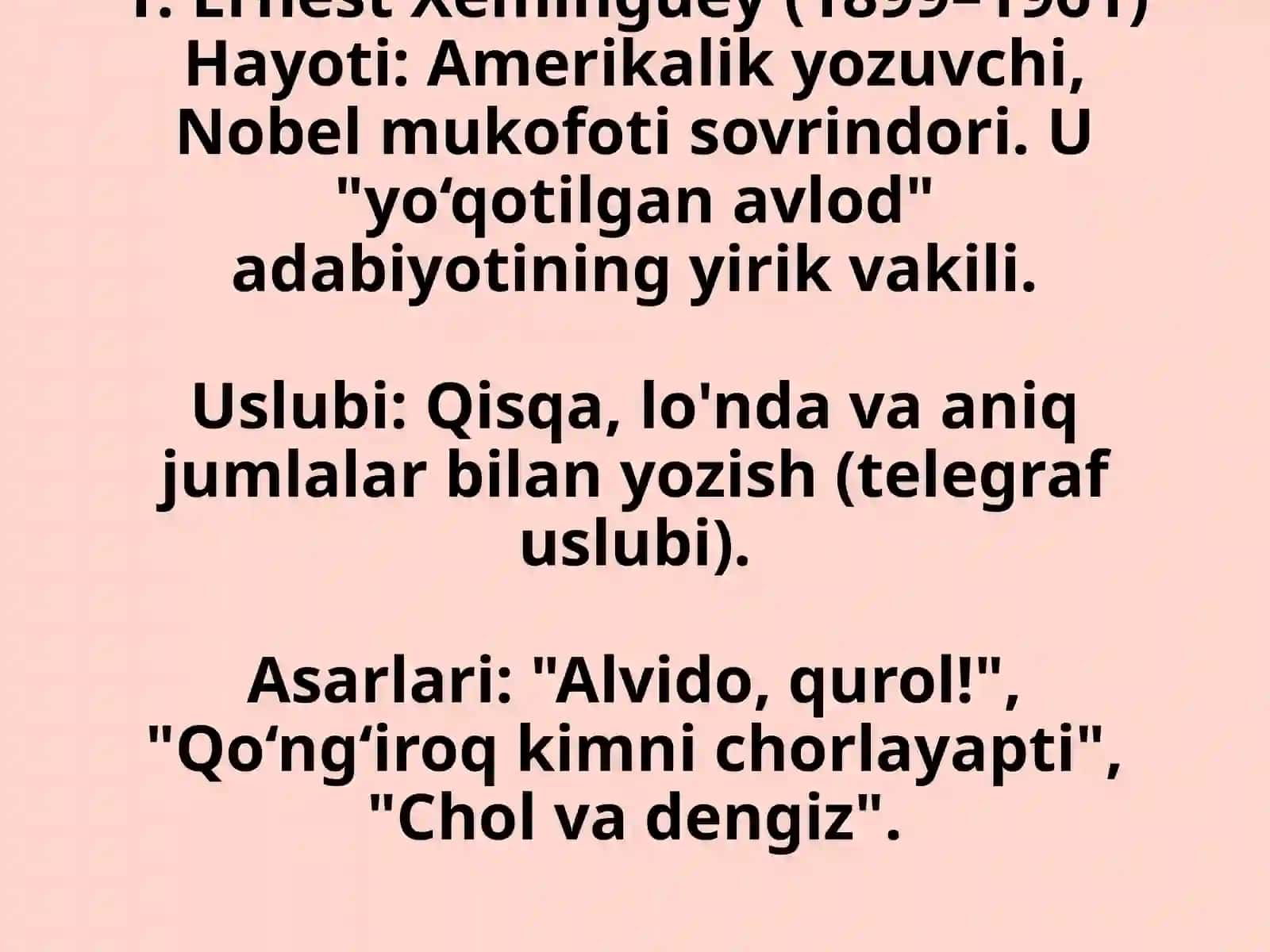 "Chol va dengiz" asari va Ernest Xeminguey hayoti hamda ijodi 4