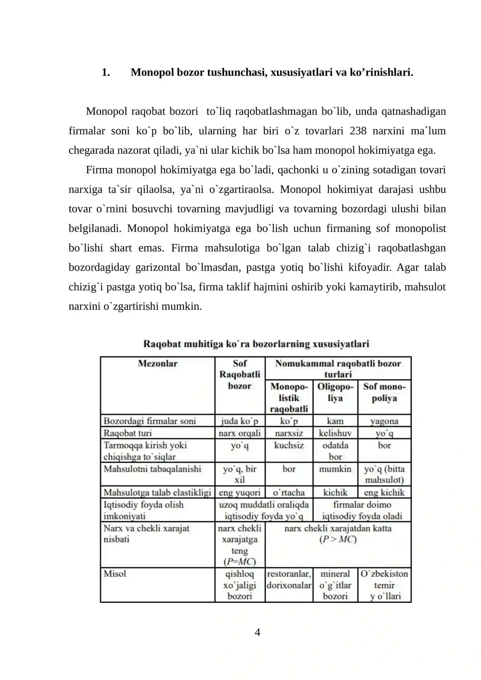 Monopol narx belgilash va Raqobatlashmagan Bozor Sharoitida 4