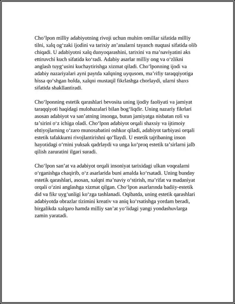 CHOʻLPONNING ADABIY-ESTETIK QARASHLARI VA "ADABIYOT NADUR"MAQOLASI MUTOLAASI 4