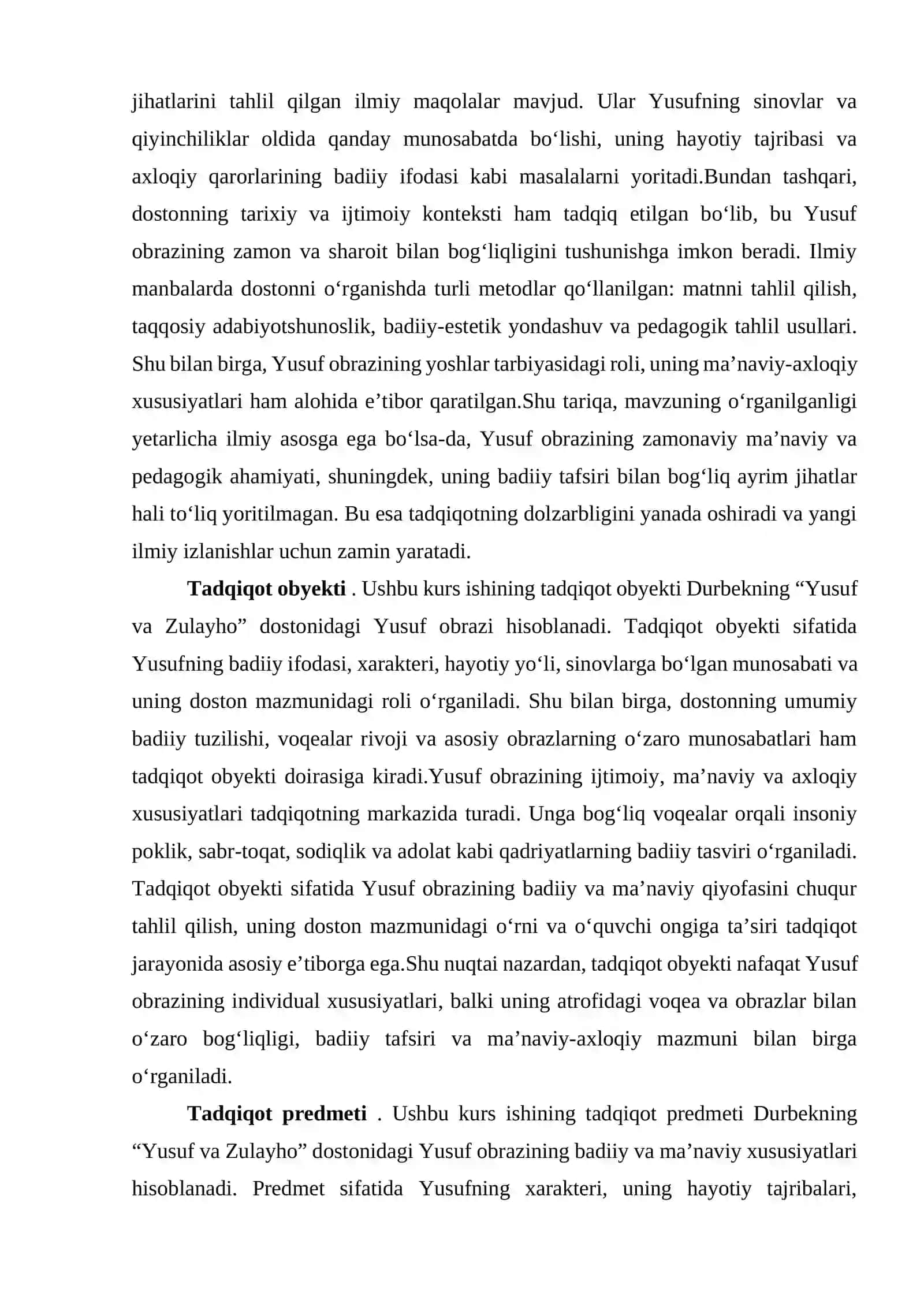 Yusuf obrazi va uning badiiy tafsifi mavzusida tayyor kurs ishi 4
